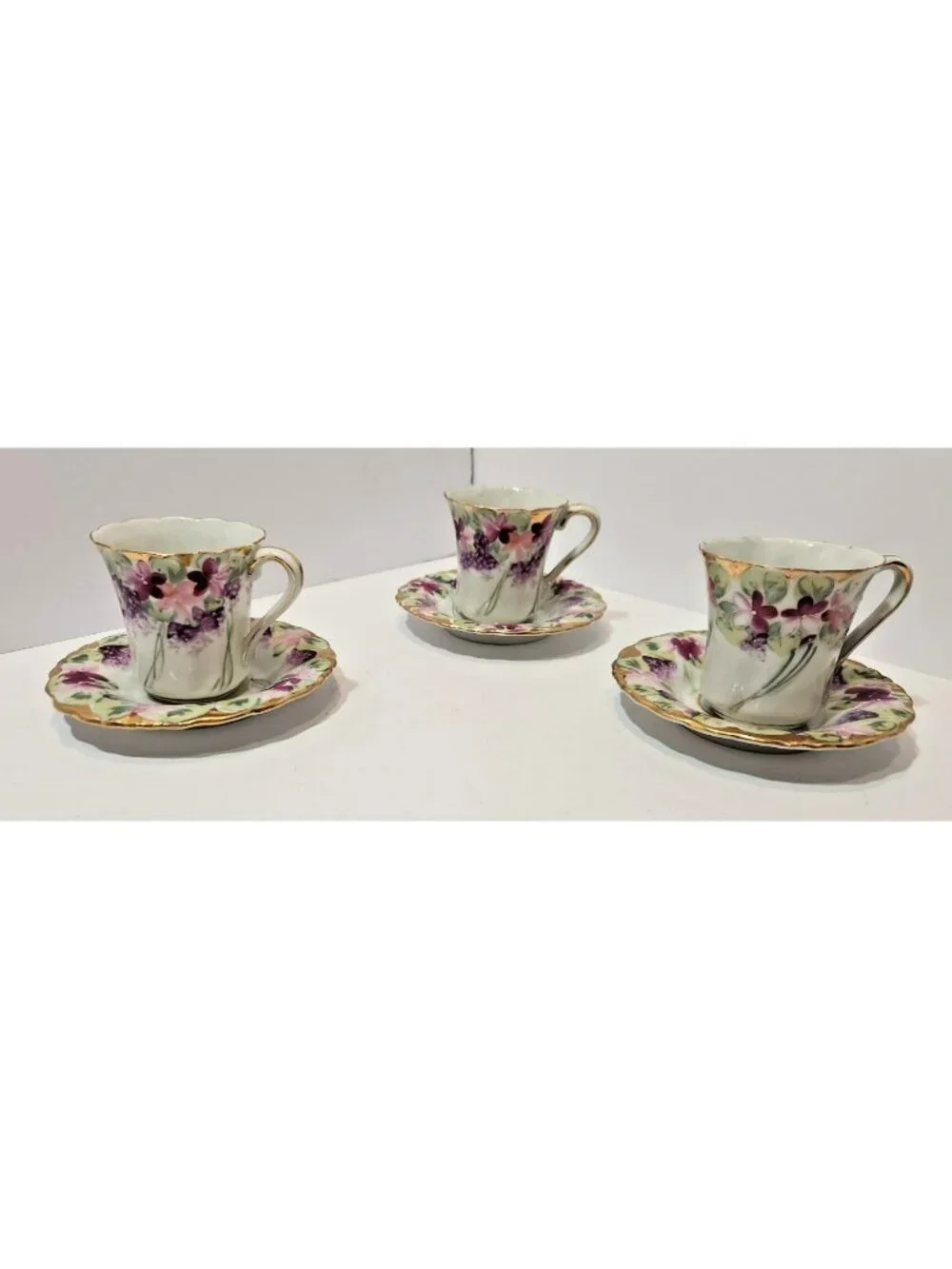 Antique Hand Painted Chocolate Cups w/Saucers Pink/Purple Violets Moriage Set 3